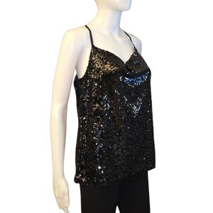 MICHAEL STARS Black Sequined Cowl Neck Cami Spaghetti Strap Racerback Tank Sz S